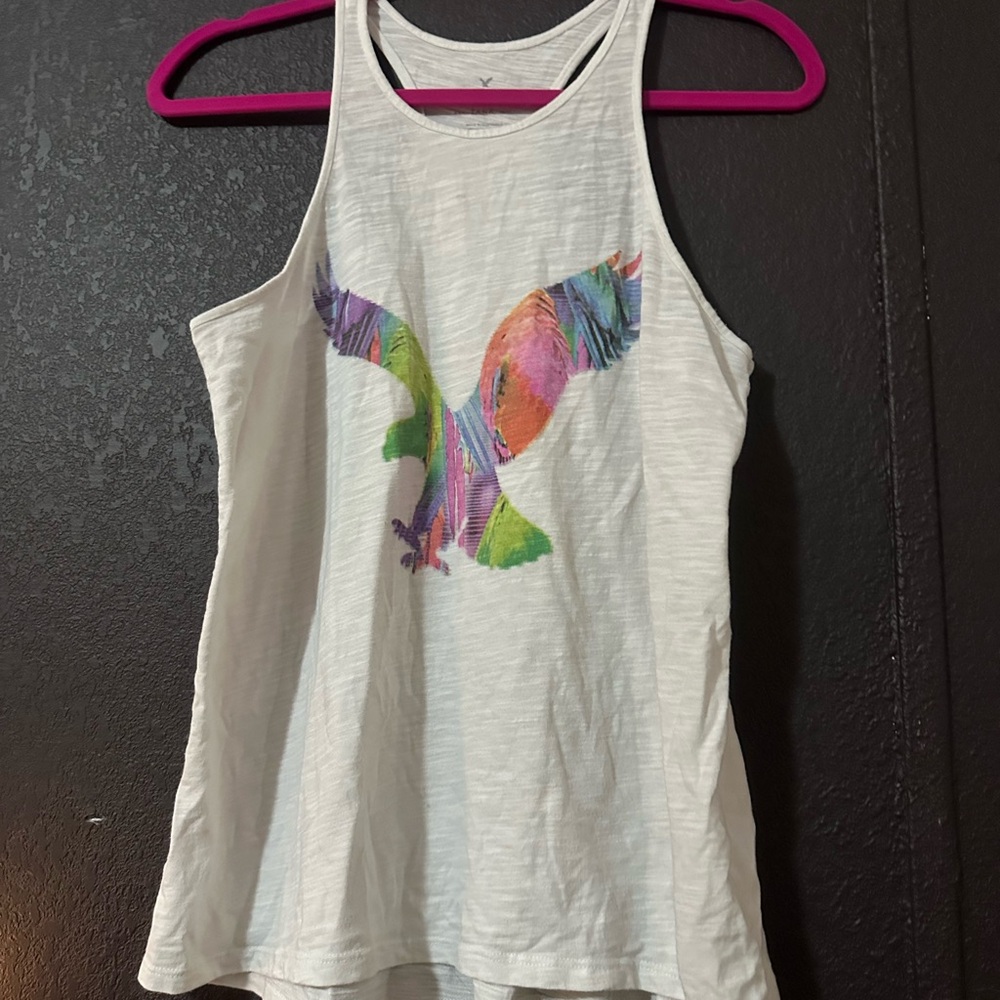 American Eagle Outfitters White Tank Top with Multicolor Logo